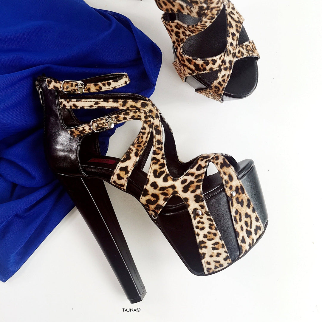 Black Leopard Detail Cage Heels - Tajna Club