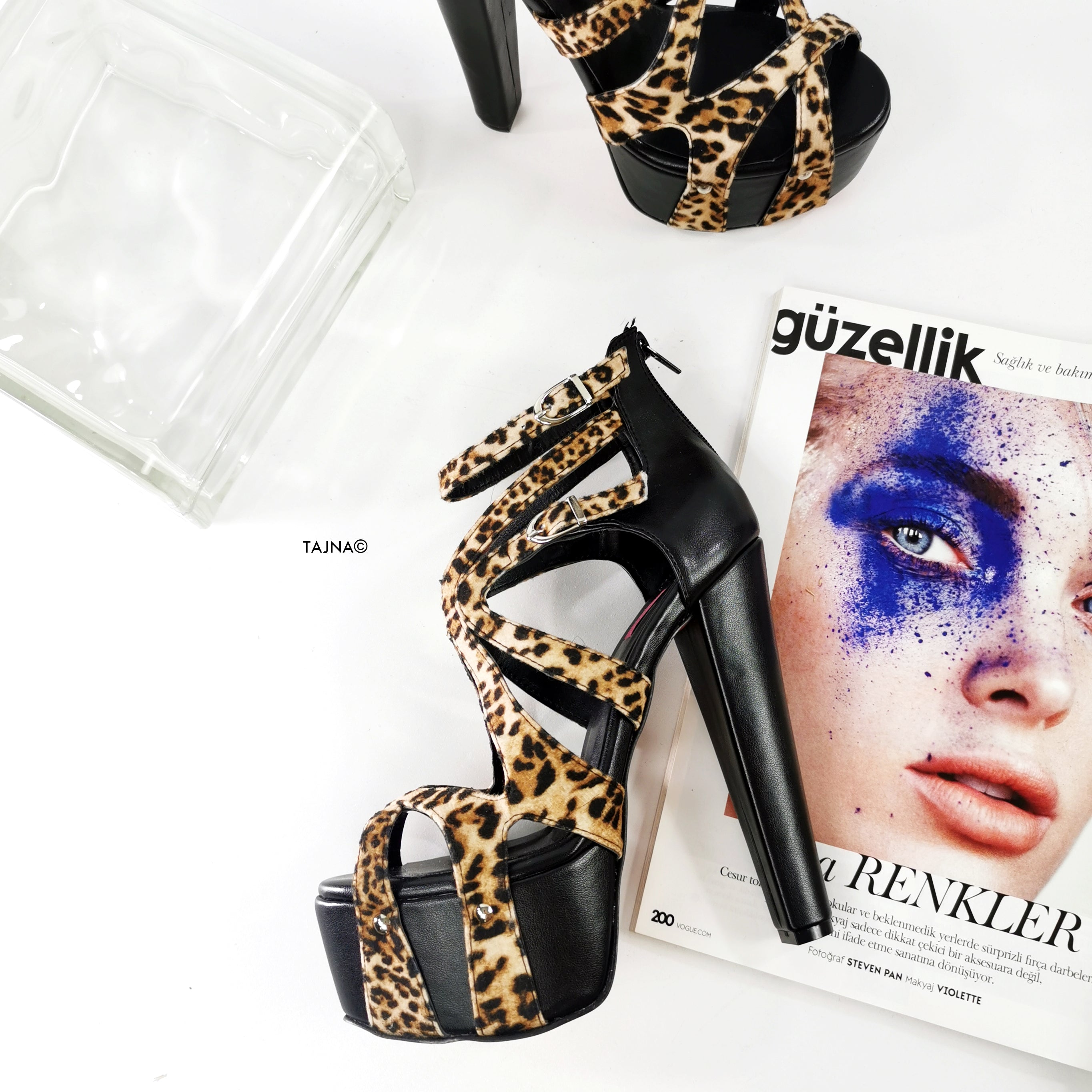Leopard Detail Black Chunky Heels - Tajna Club