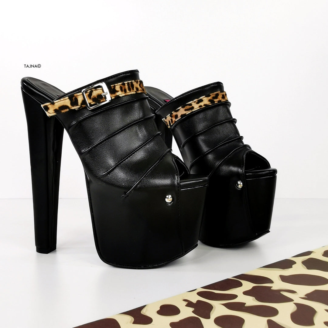 Black Leopard Detail Chunky Heel Mules - Tajna Club