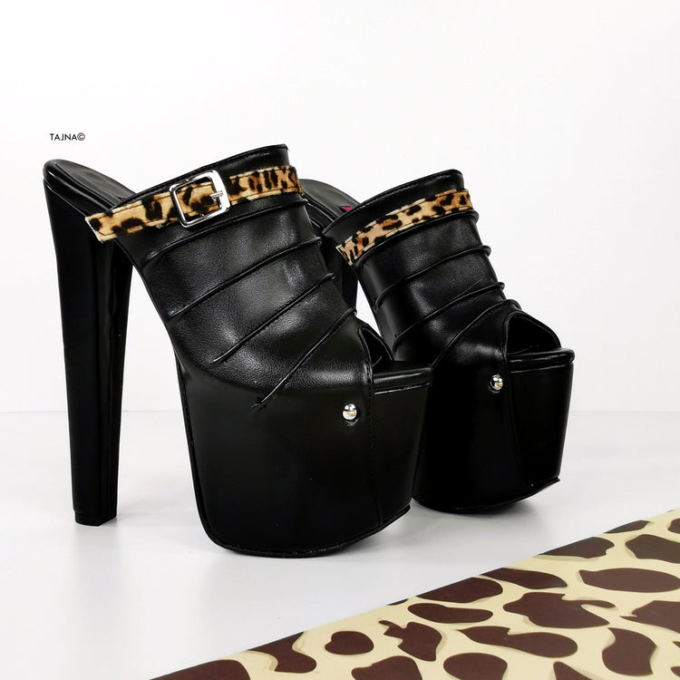 Black Leopard Detail Chunky Heel Mules - Tajna Club