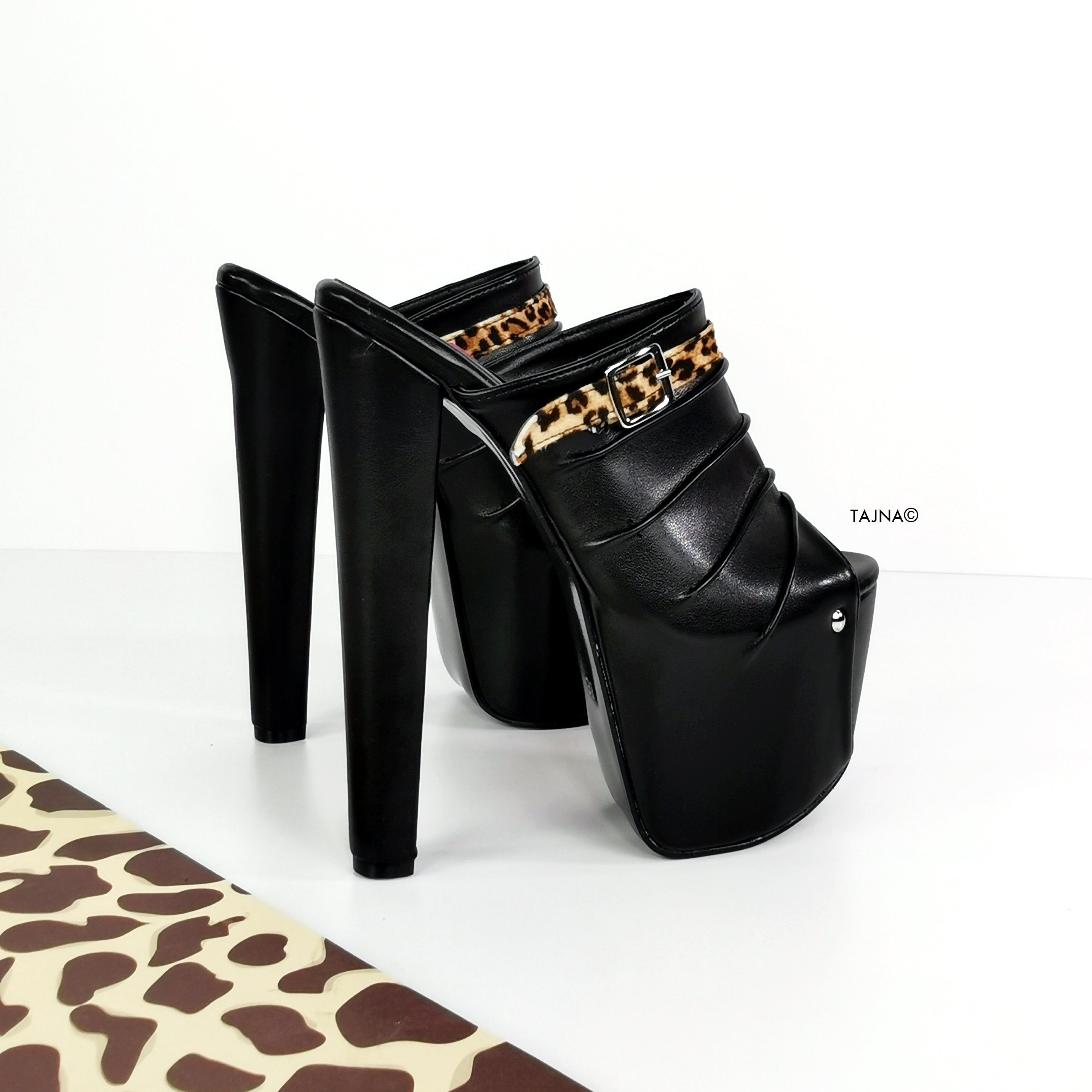 Black Leopard Detail Chunky Heel Mules - Tajna Club