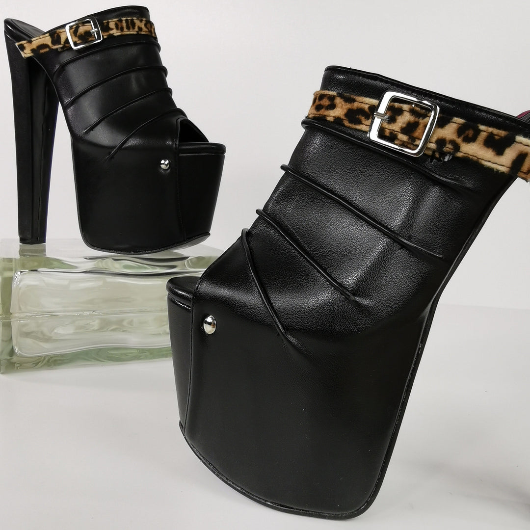 Black Leopard Detail Chunky Heel Mules - Tajna Club