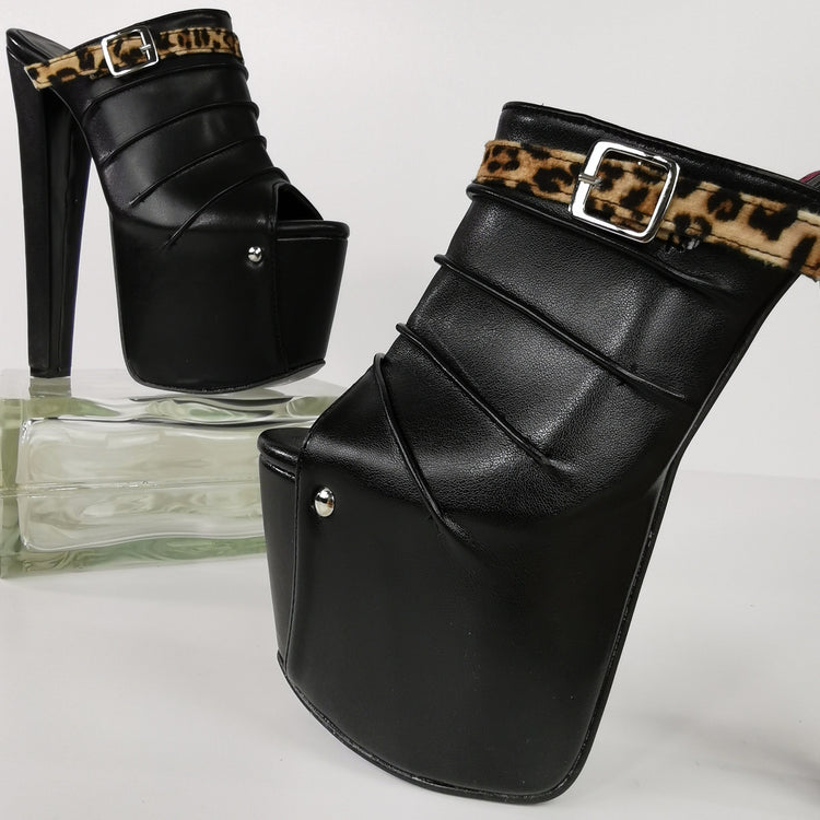 Black Leopard Detail Chunky Heel Mules - Tajna Club