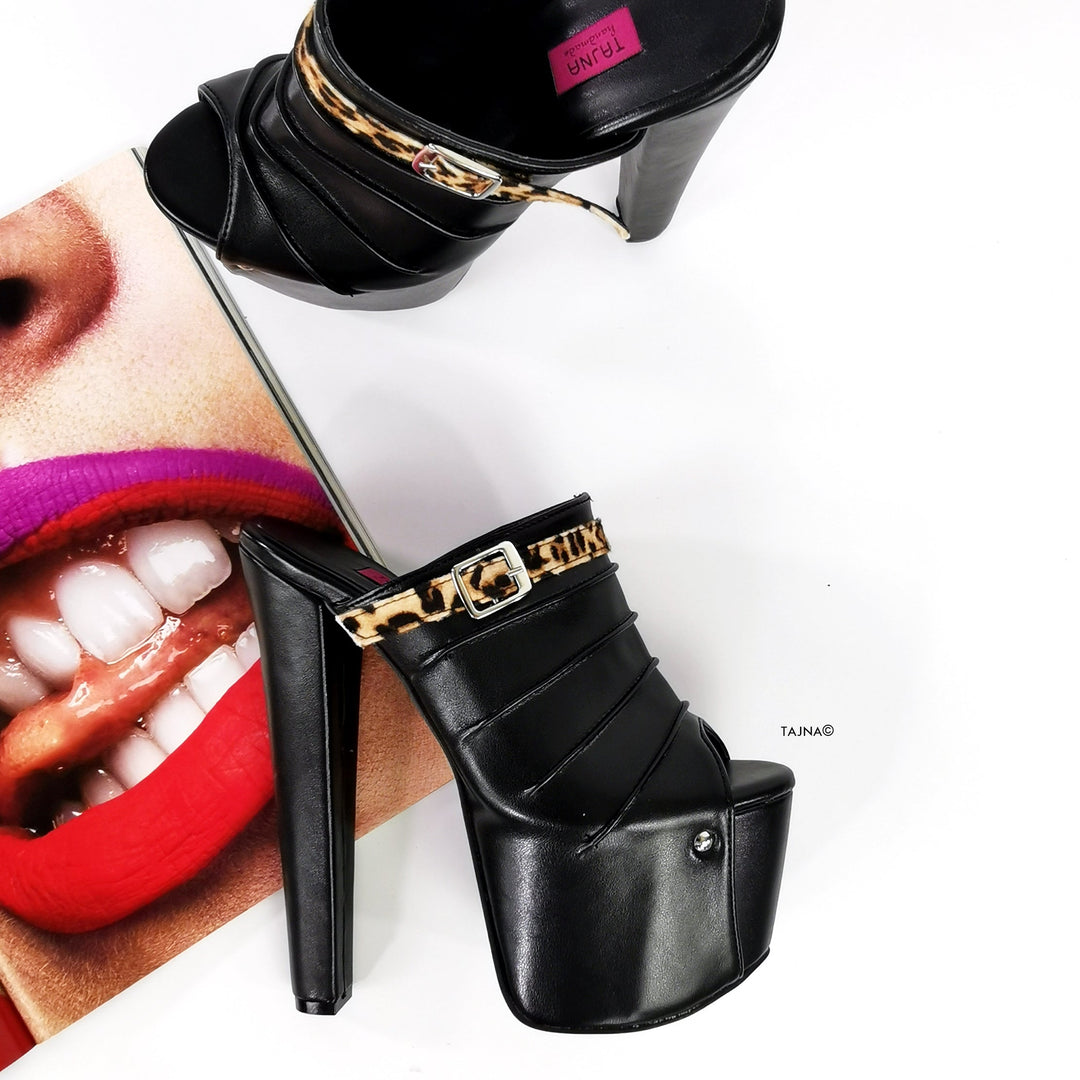 Black Leopard Detail Chunky Heel Mules - Tajna Club
