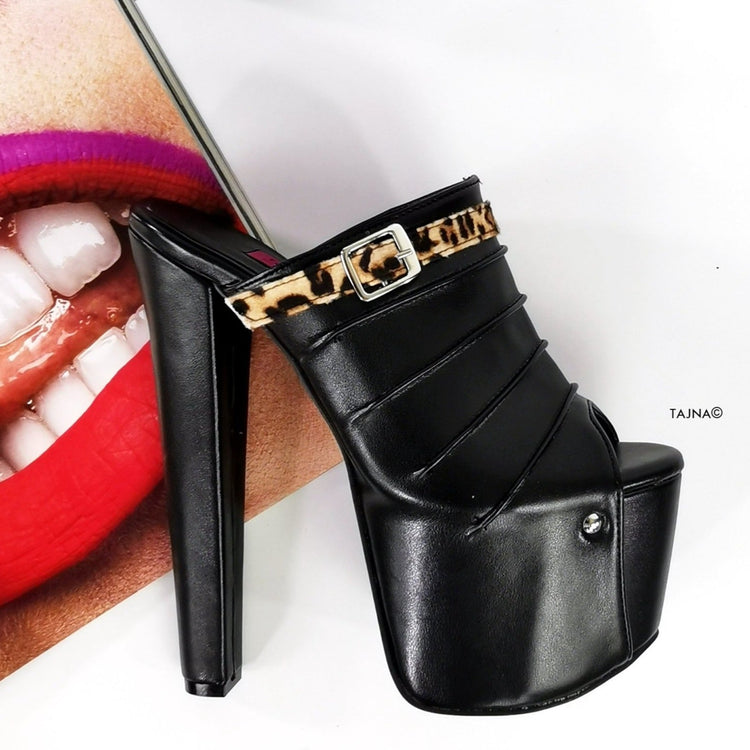 Black Leopard Detail Chunky Heel Mules - Tajna Club