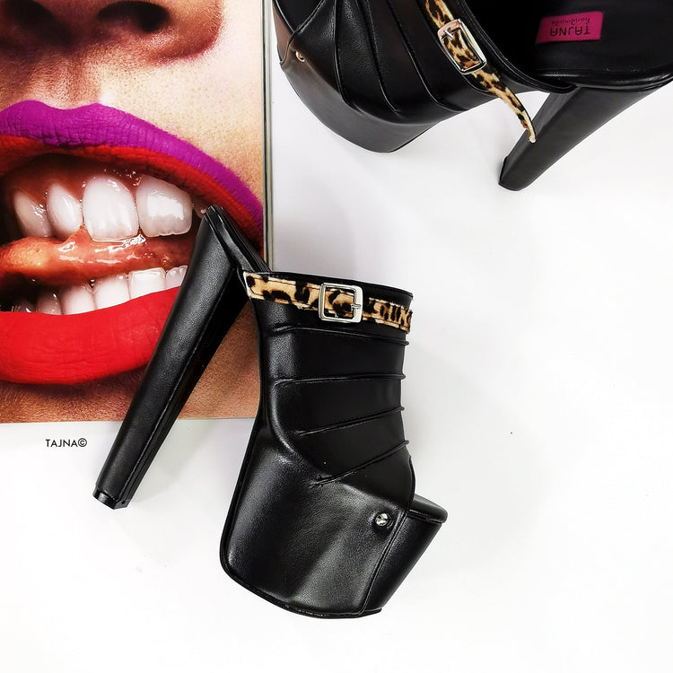Black Leopard Detail Chunky Heel Mules - Tajna Club