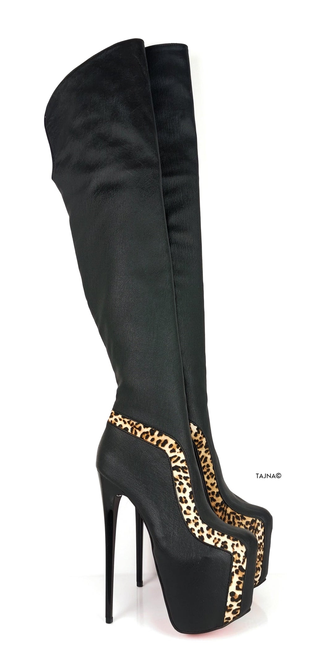 Black Leopard Detail Knee High Boots - Tajna Club