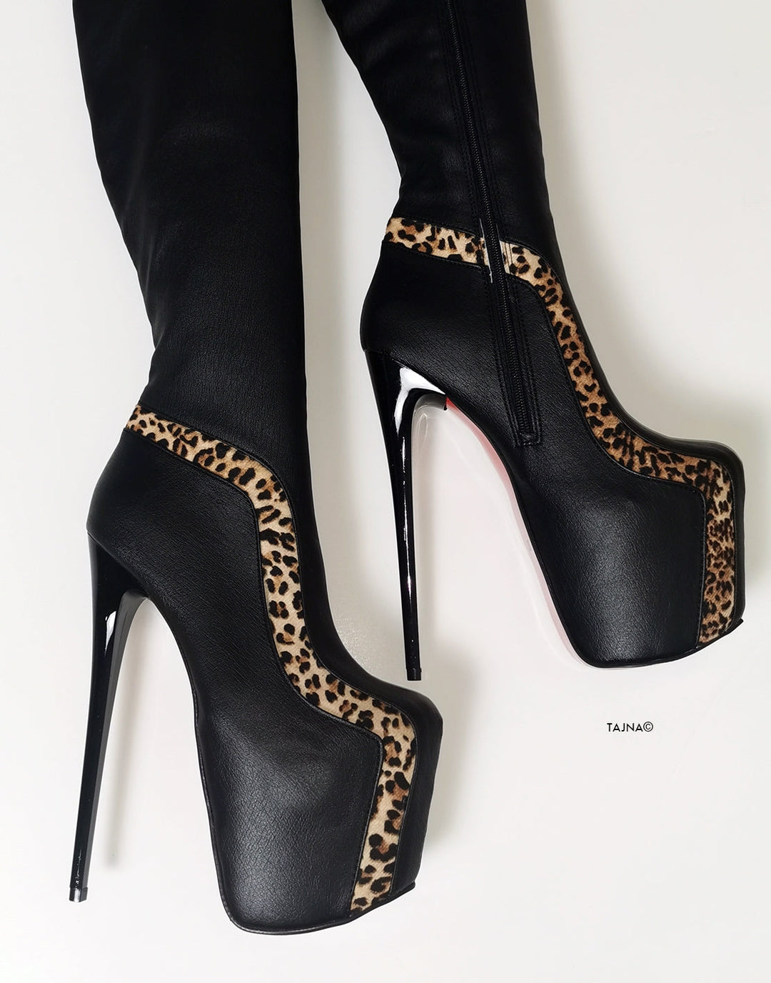 Black Leopard Detail Knee High Boots - Tajna Club
