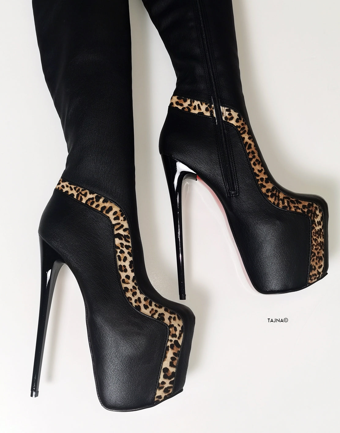 Black Leopard Detail Knee High Boots - Tajna Club