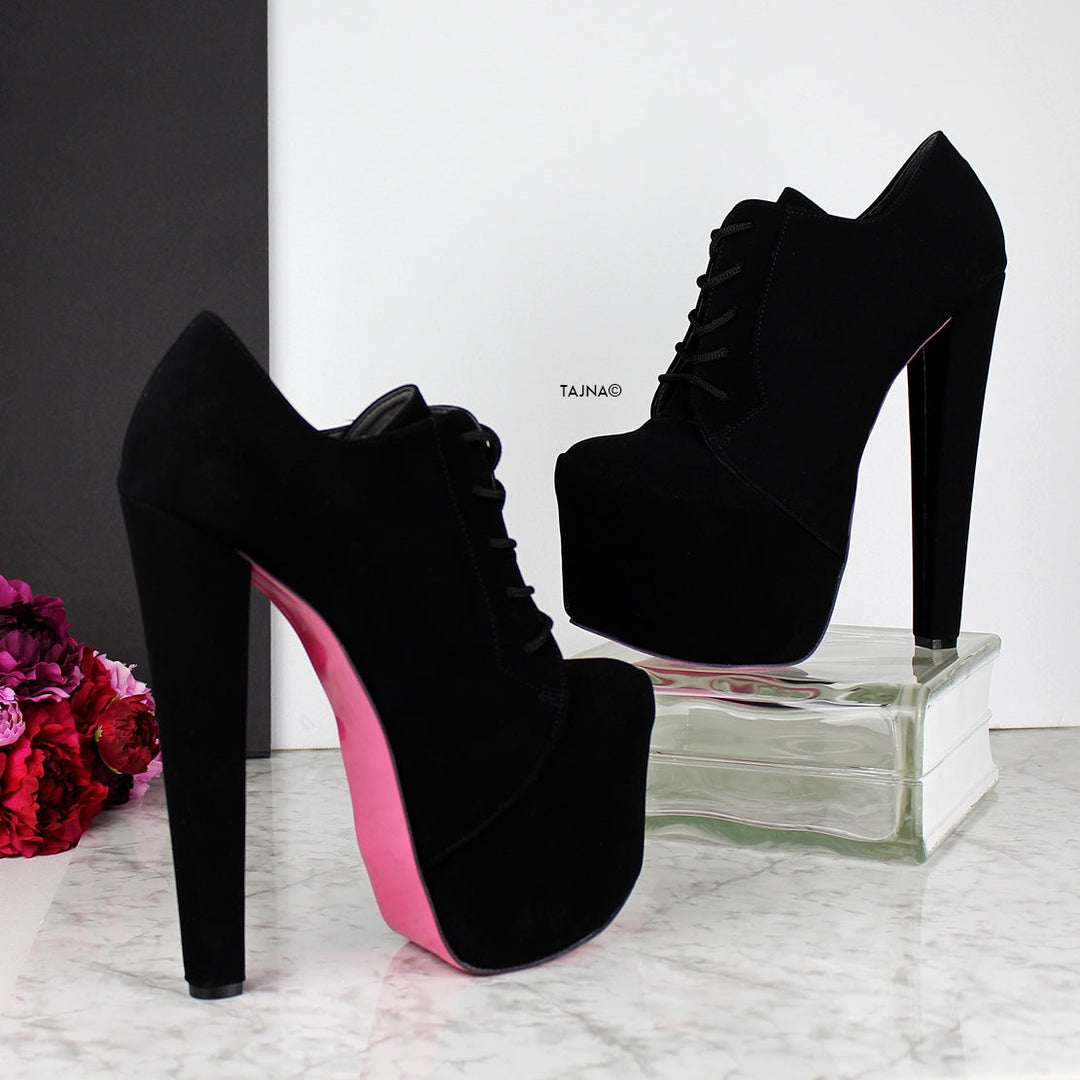 Black Suede Oxford High Heels Booties - Tajna Club