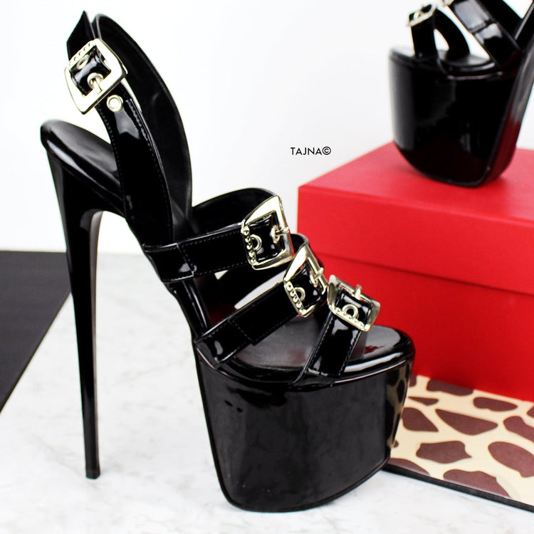 Black Patent Belted High Heel Sandals - Tajna Club