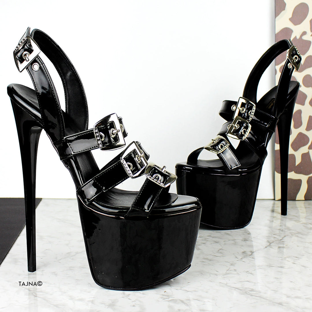 Black Patent Belted High Heel Sandals - Tajna Club