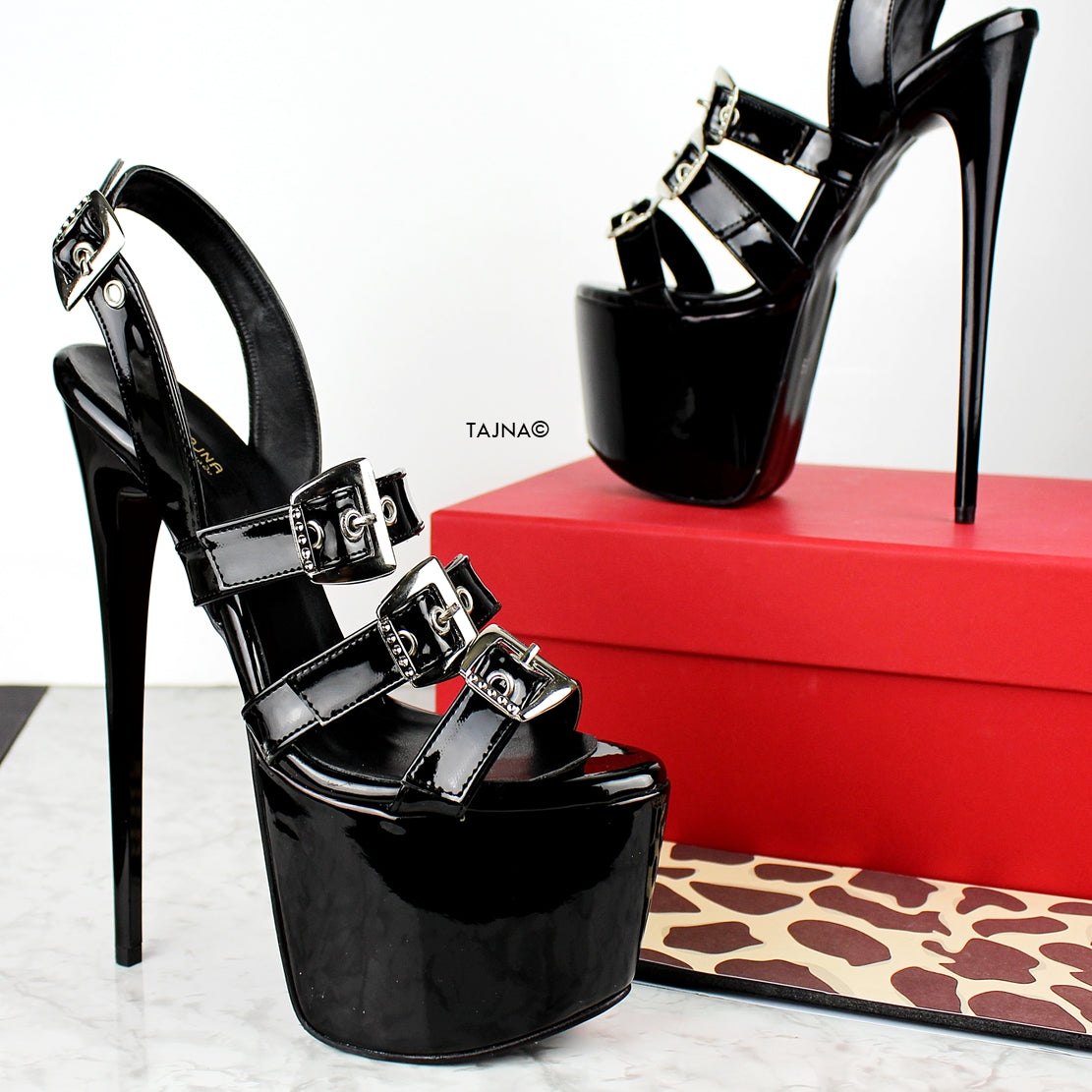 Black Patent Belted High Heel Sandals - Tajna Club