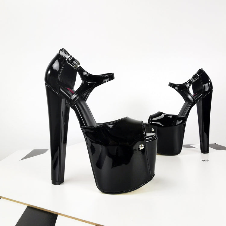 Black Gloss Ankle Strap Peep Toe Heels - Tajna Club
