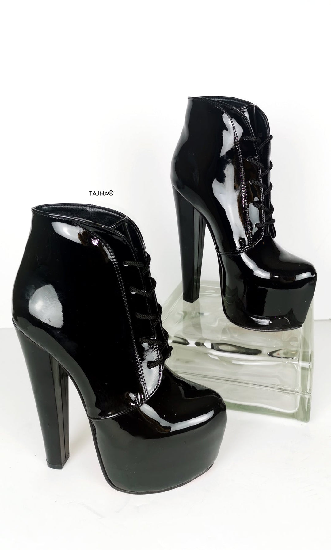 Black Patent Lace Up Ledna Booties - Tajna Club