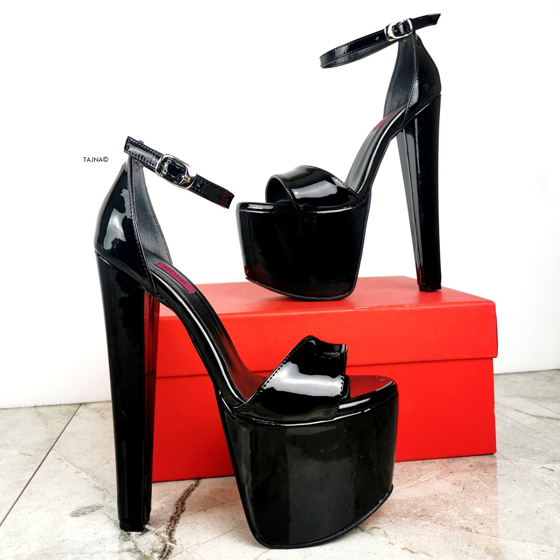Black Patent Chunky High Heel Sandals - Tajna Club
