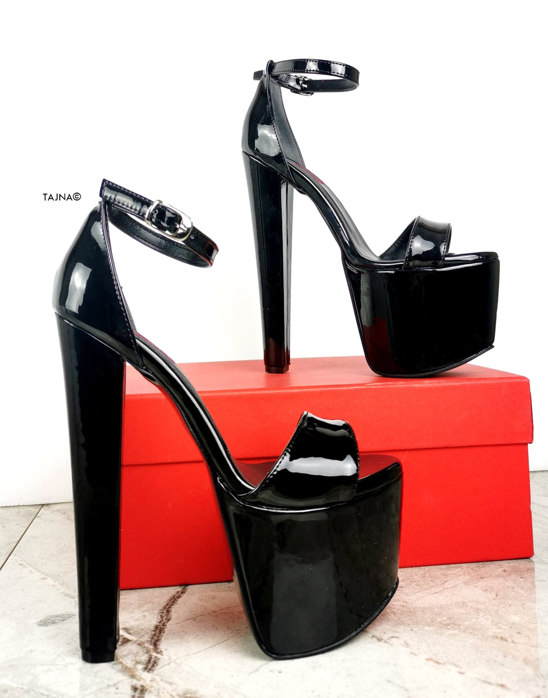 Black Patent Chunky High Heel Sandals - Tajna Club