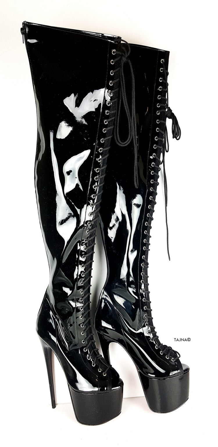 Black Patent Gladiator Lace Up Thigh High Boots - Tajna Club