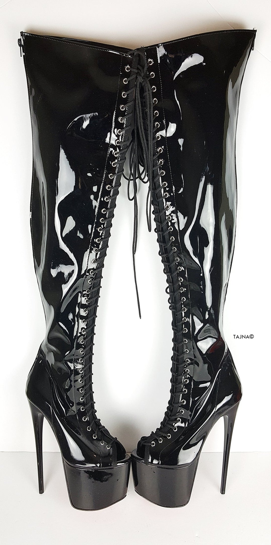 Black Patent Gladiator Lace Up Thigh High Boots - Tajna Club