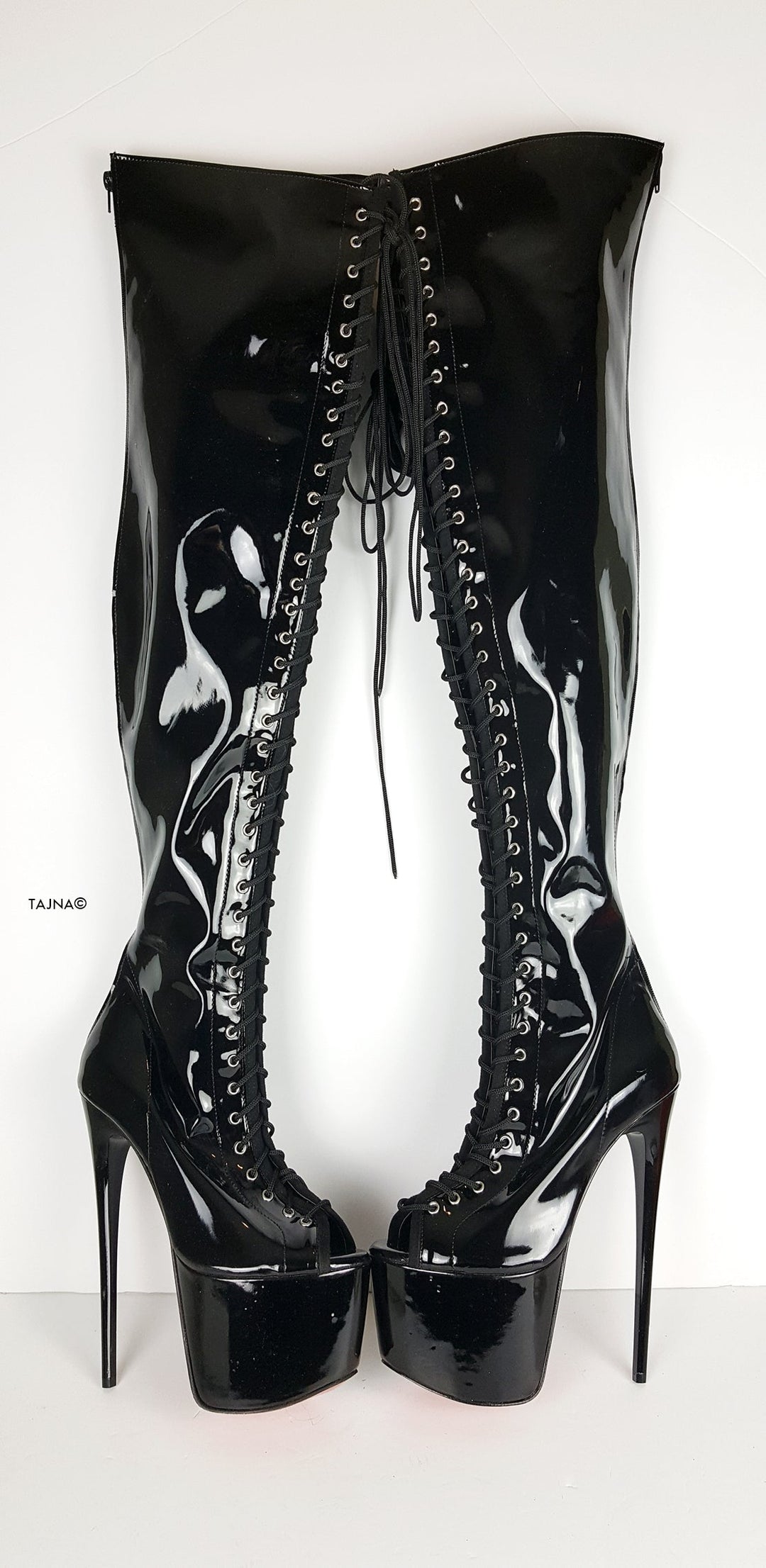 Black Patent Gladiator Lace Up Thigh High Boots - Tajna Club