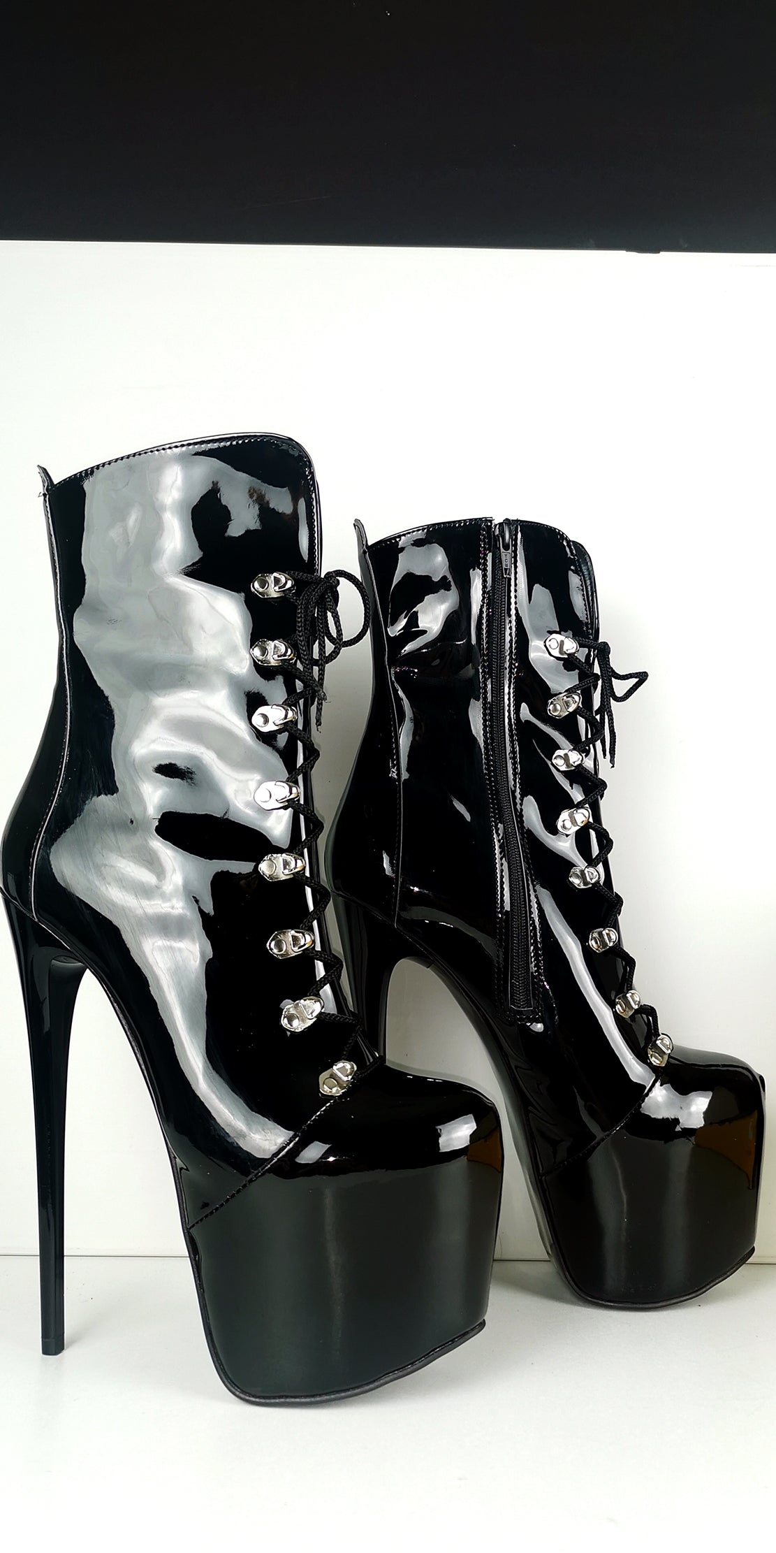 Black Patent Military Style Lace Up Boots - Tajna Club