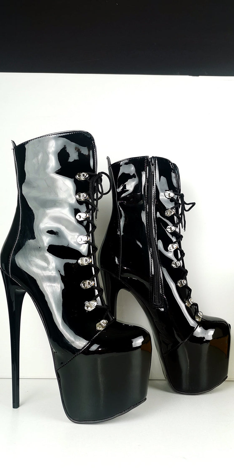 Black Patent Military Style Lace Up Boots - Tajna Club