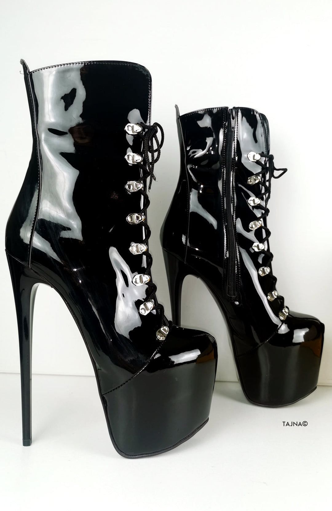 Black Patent Military Style Lace Up Boots - Tajna Club