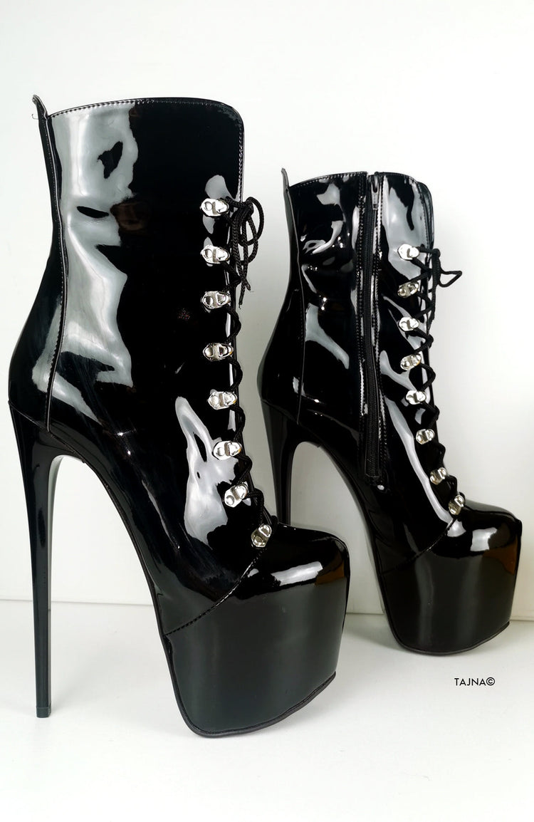 Black Patent Military Style Lace Up Boots - Tajna Club