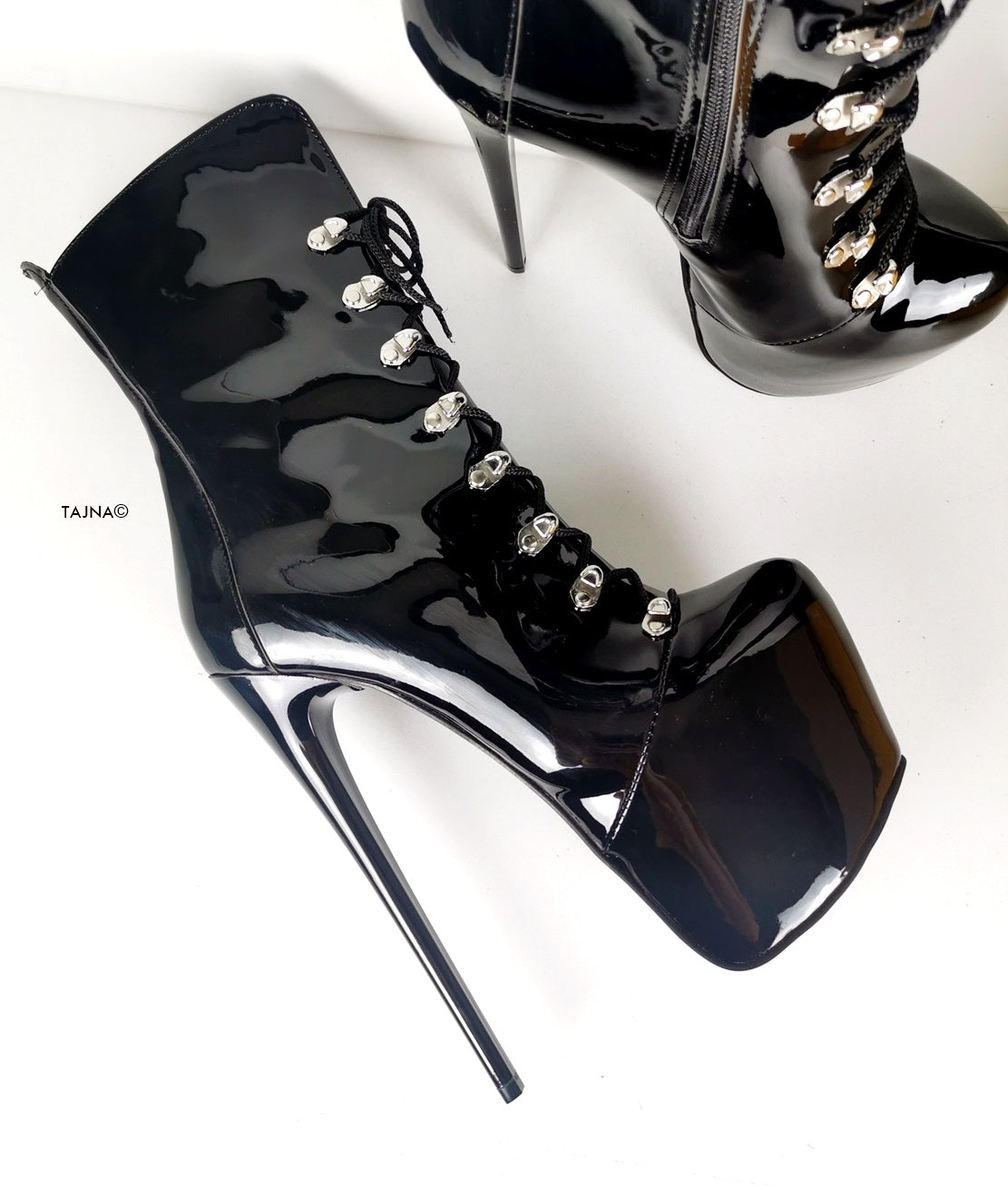 Black Patent Military Style Lace Up Boots - Tajna Club