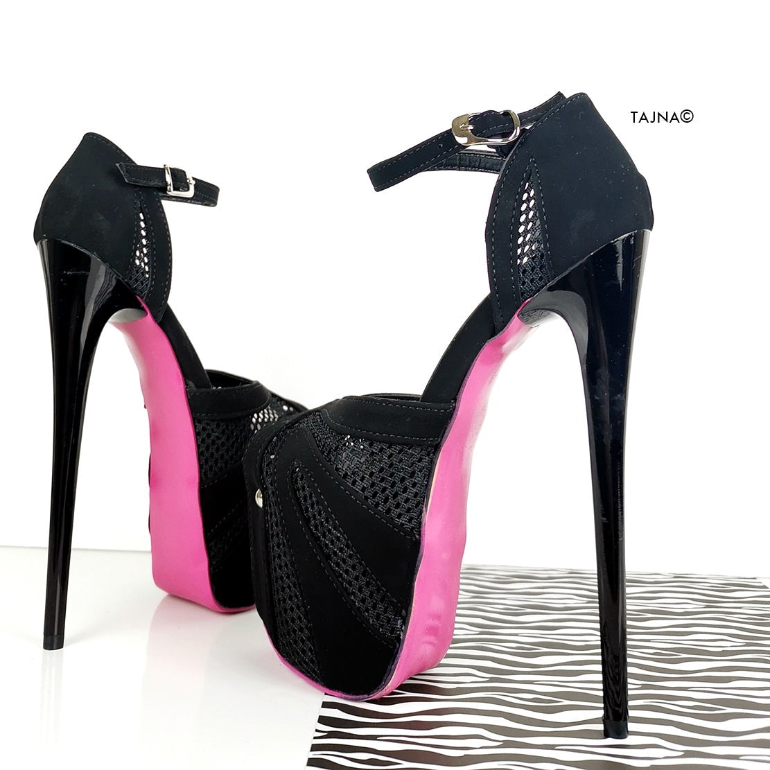 Black Suede Mesh Detail Heel Pink Sole - Tajna Club