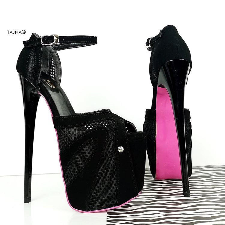 Black Suede Mesh Detail Heel Pink Sole - Tajna Club