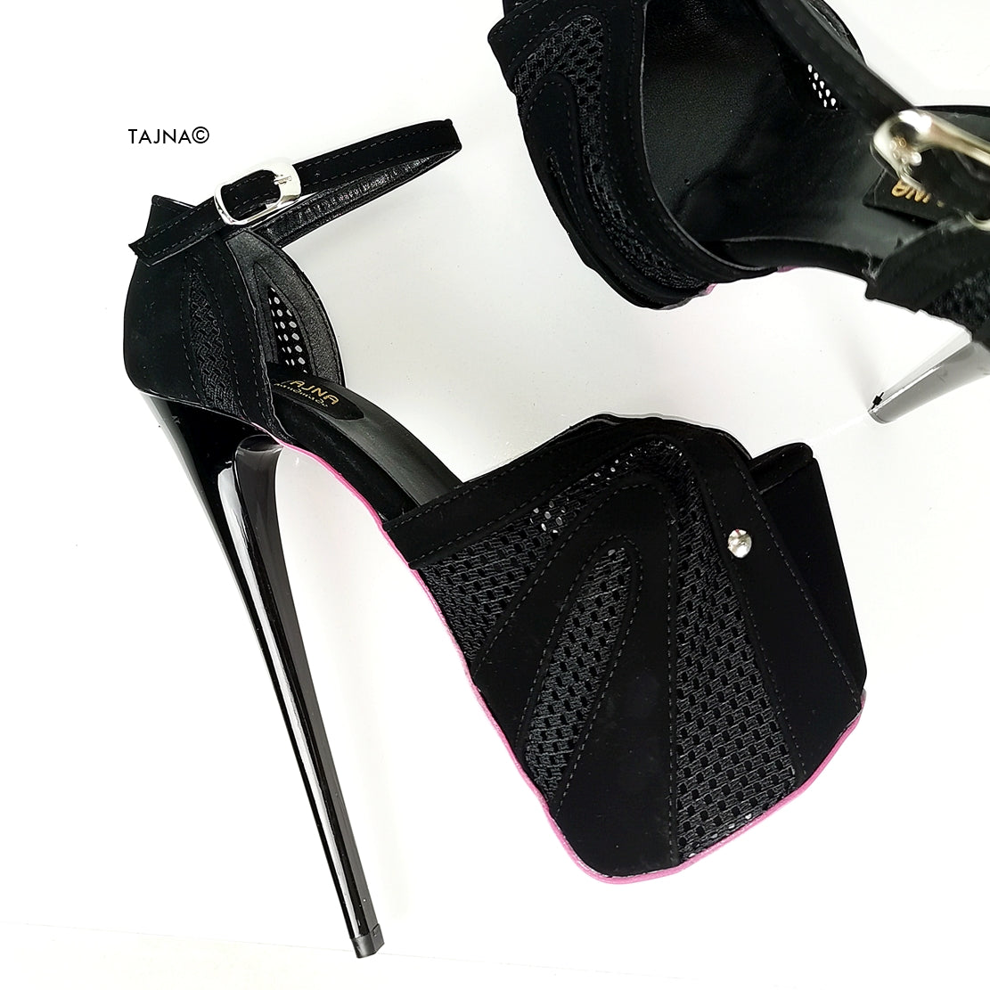 Black Suede Mesh Detail Heel Pink Sole - Tajna Club