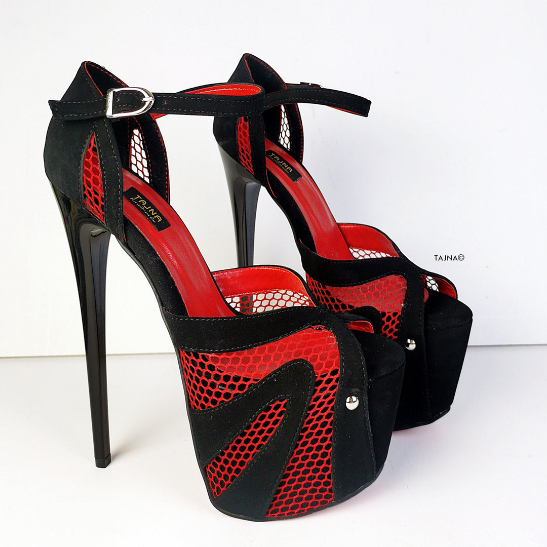 Black Red Fishnet Detail High Heels - Tajna Club