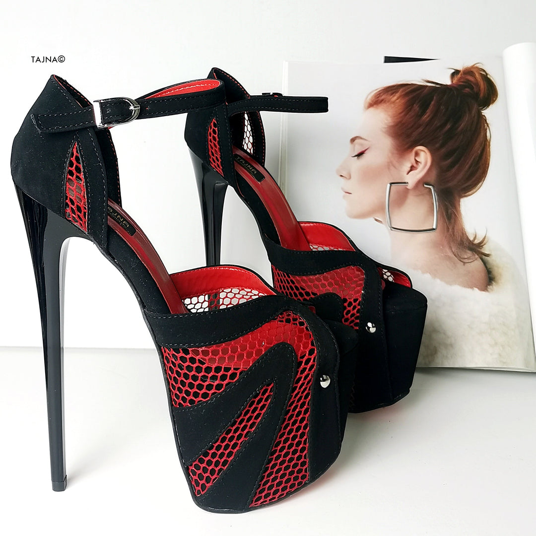Black Red Fishnet Detail High Heels - Tajna Club
