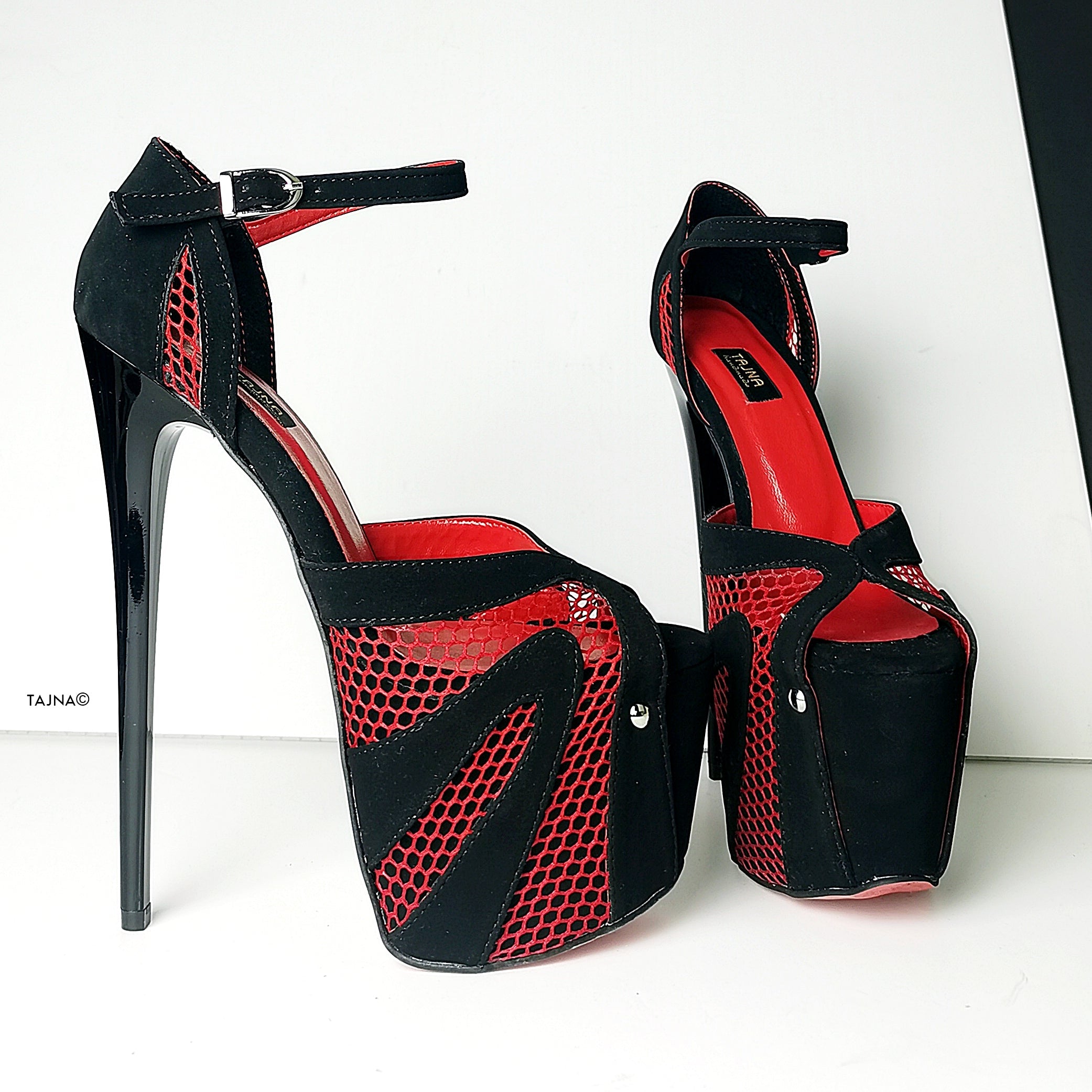 Black Red Fishnet Detail High Heels - Tajna Club