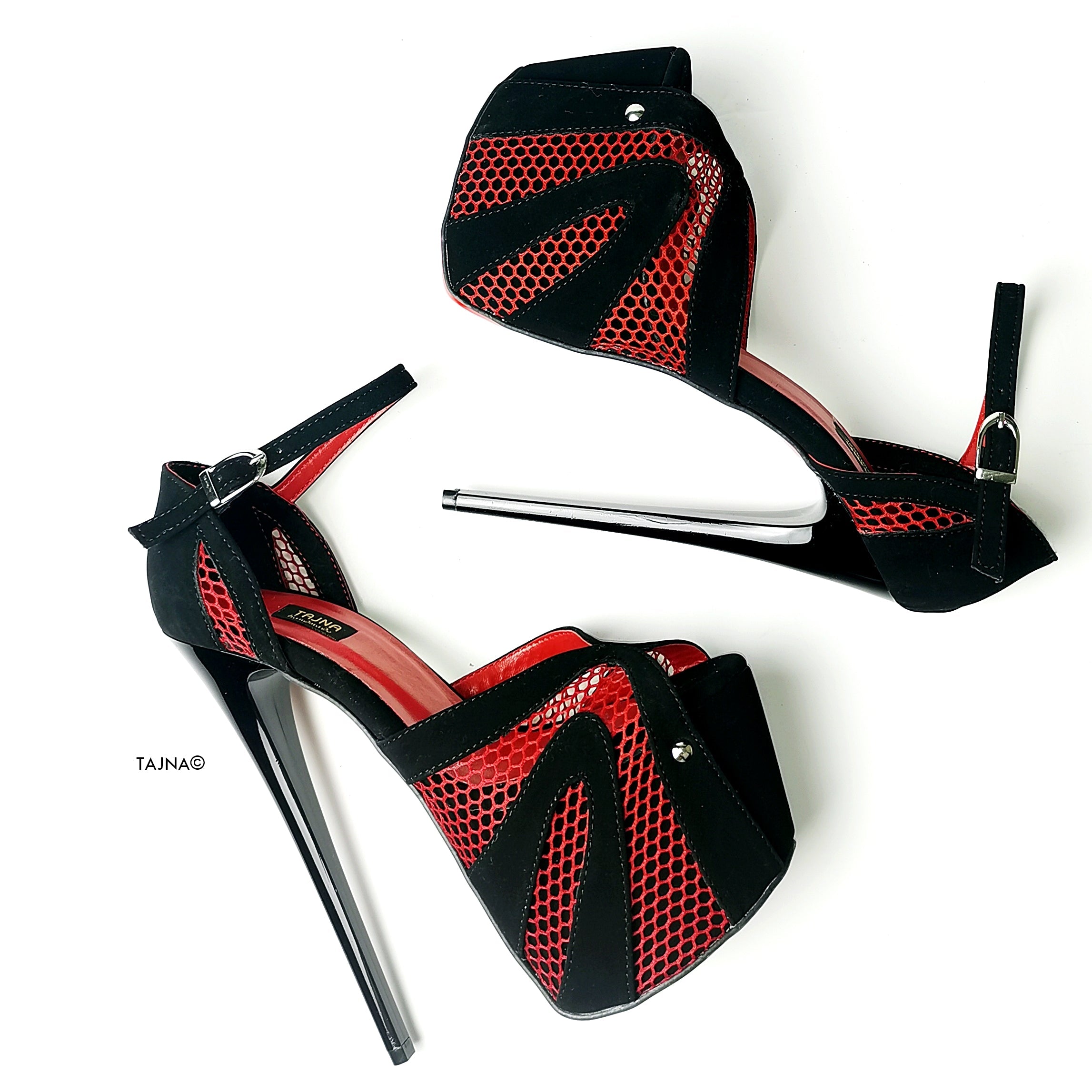 Black Red Fishnet Detail High Heels - Tajna Club