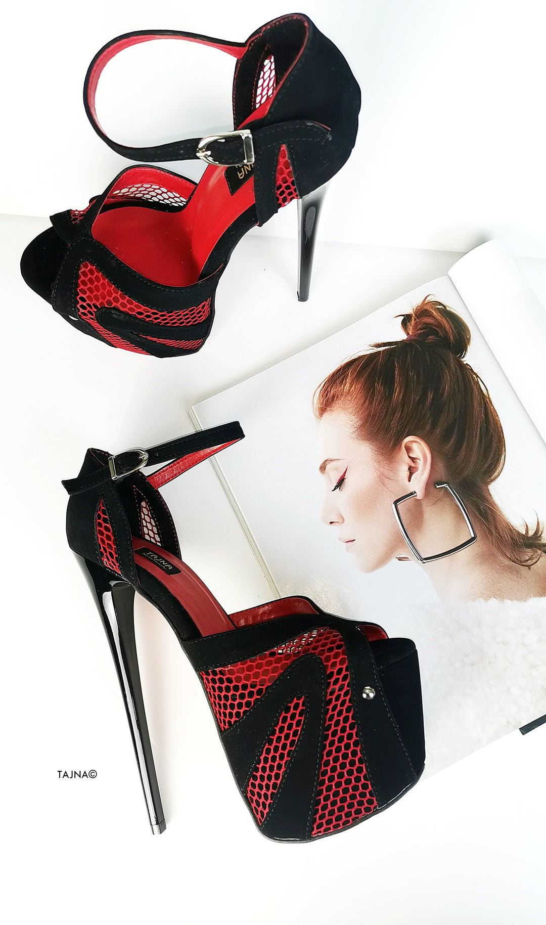 Black Red Fishnet Detail High Heels - Tajna Club