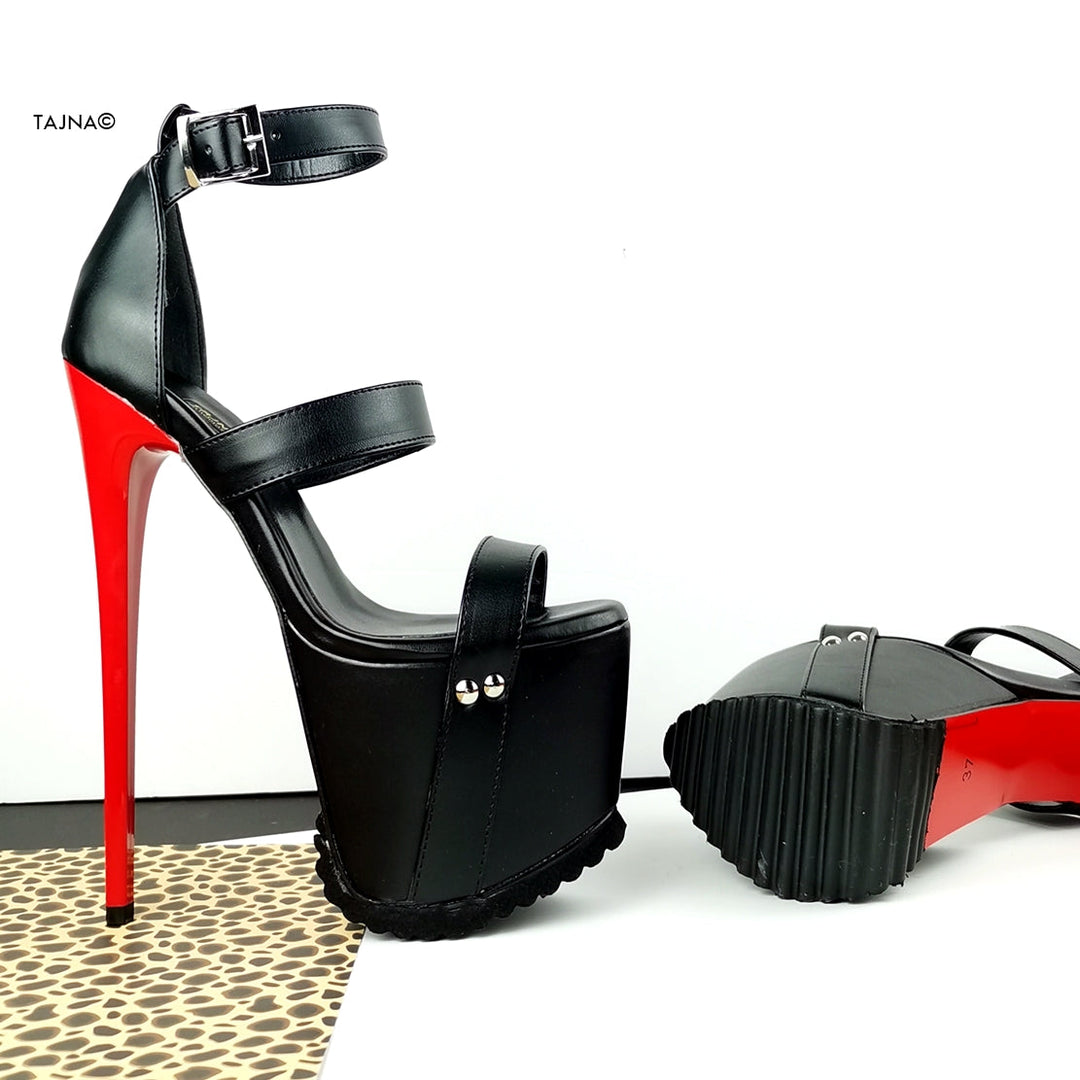 Red Black Serrated Sole Triple Strap Heels - Tajna Club
