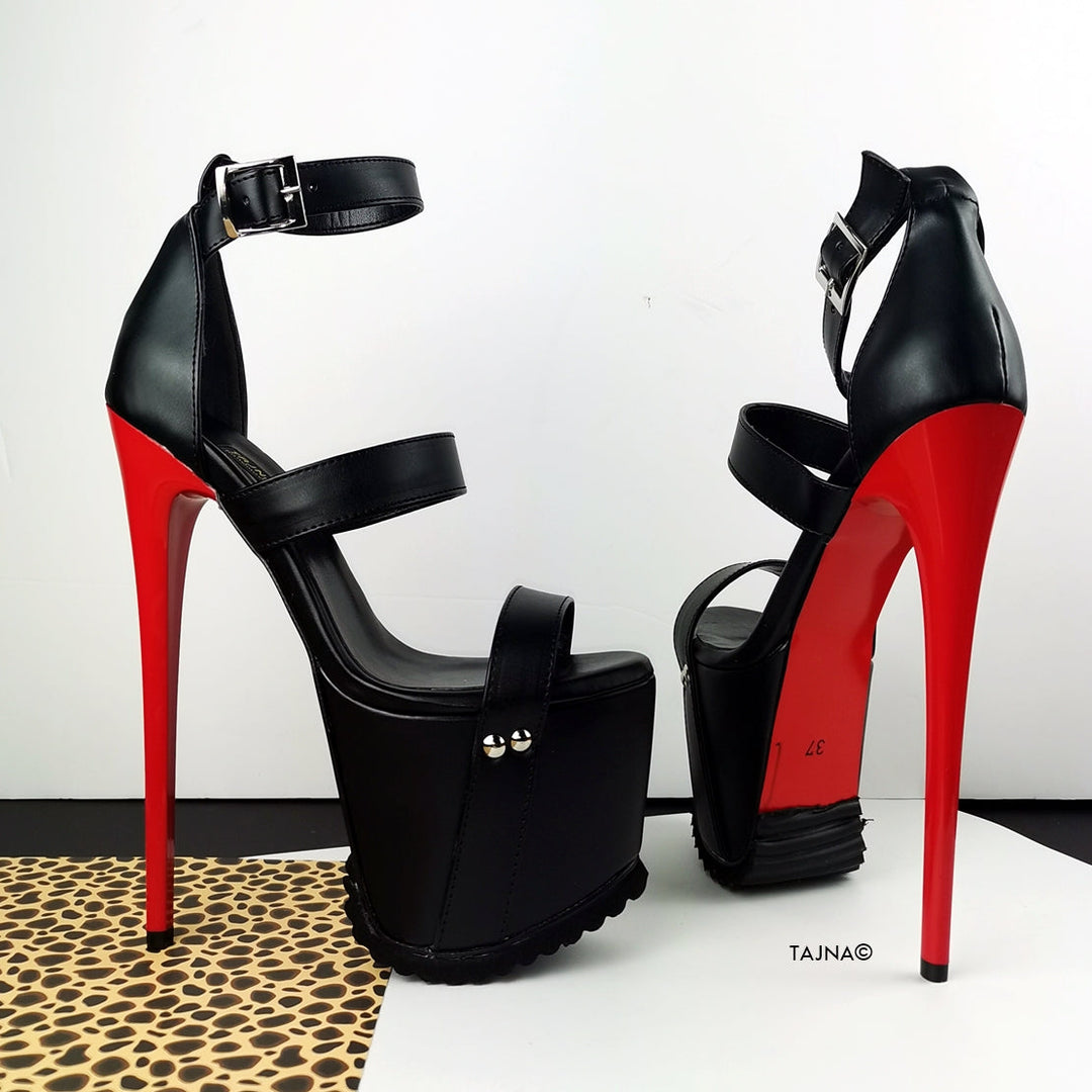 Red Black Serrated Sole Triple Strap Heels - Tajna Club