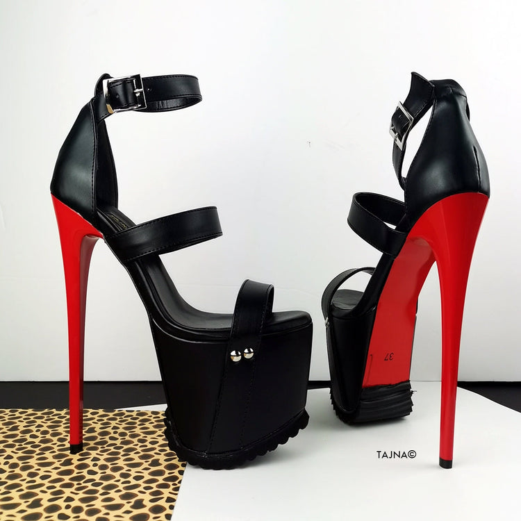 Red Black Serrated Sole Triple Strap Heels - Tajna Club