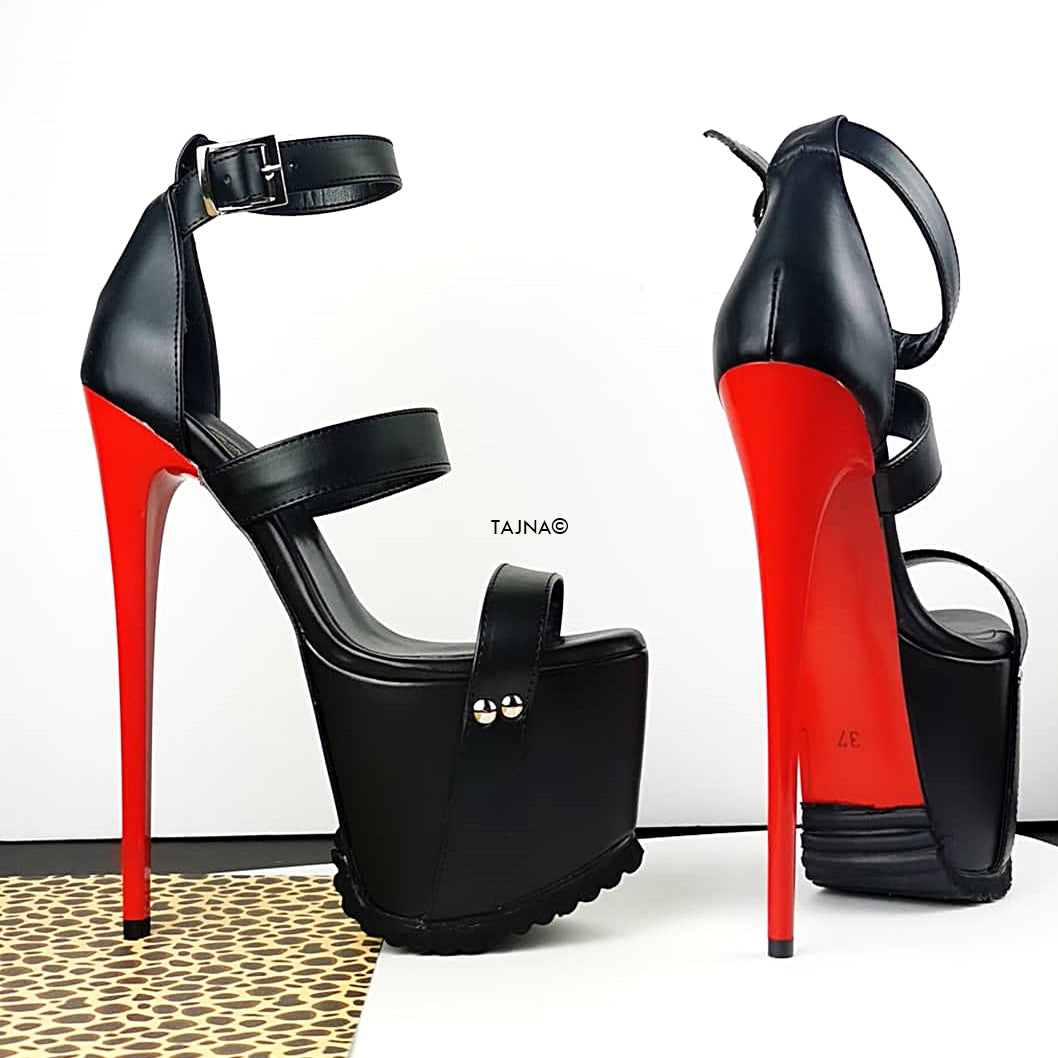 Red Black Serrated Sole Triple Strap Heels - Tajna Club