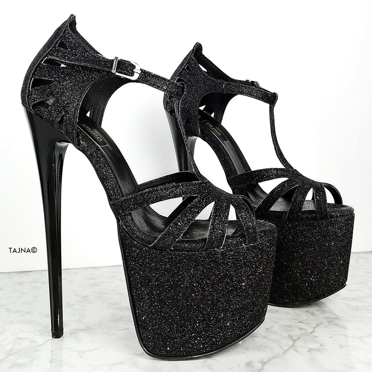 Black Shimmer Lazer Cut T-Strap High Heels - Tajna Club