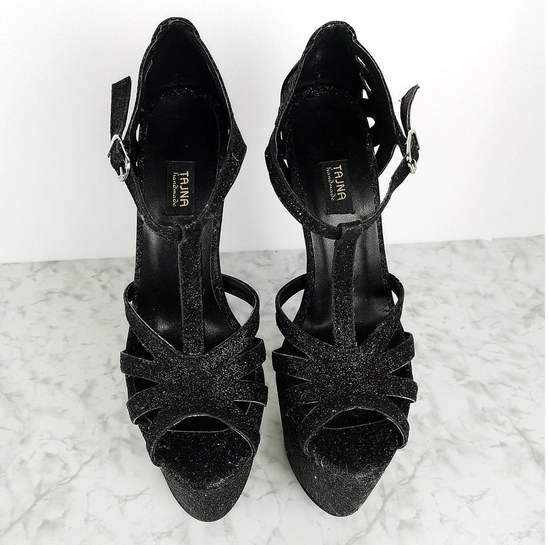 Black Shimmer Lazer Cut T-Strap High Heels - Tajna Club