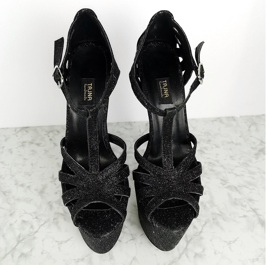 Black Shimmer Lazer Cut T-Strap High Heels - Tajna Club