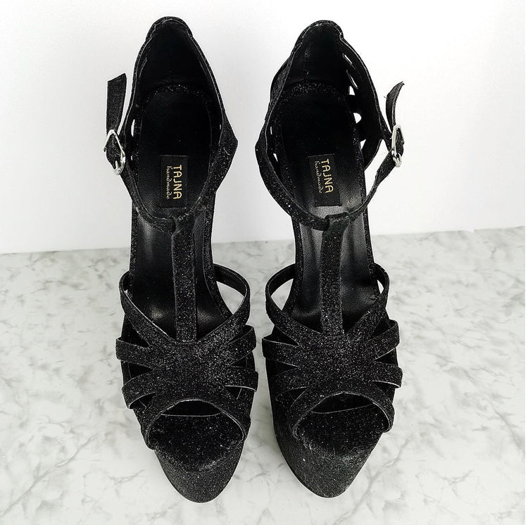 Black Shimmer Lazer Cut T-Strap High Heels - Tajna Club