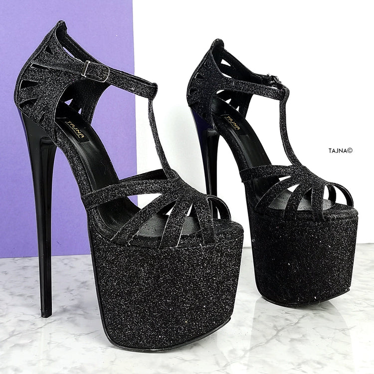 Black Shimmer Lazer Cut T-Strap High Heels - Tajna Club
