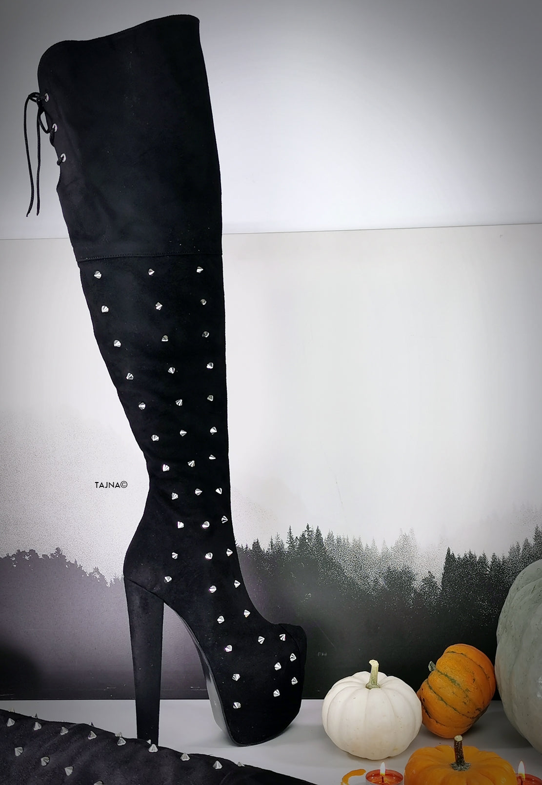 Black Suede Spike Studded Long Boots - Tajna Club