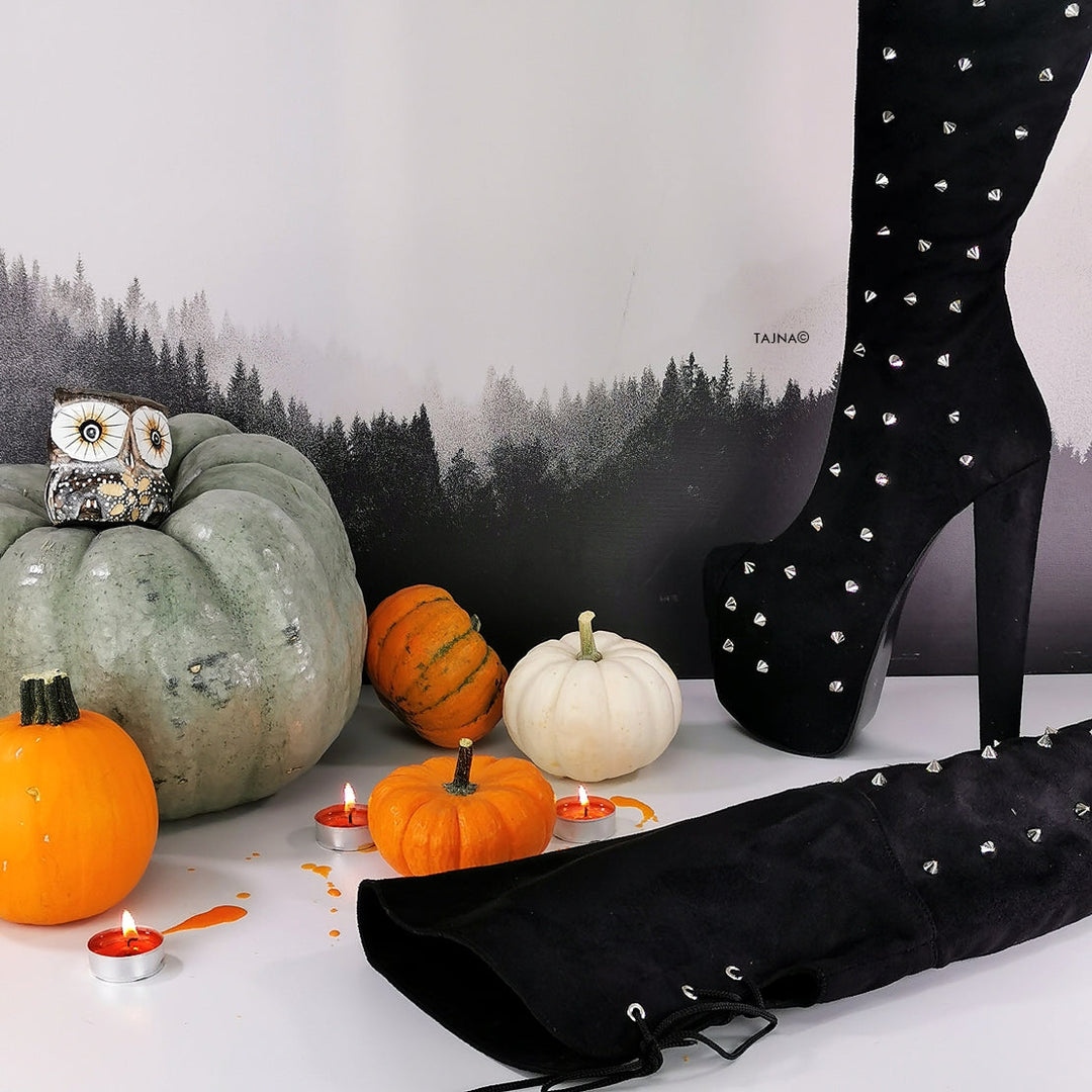 Black Suede Spike Studded Long Boots - Tajna Club