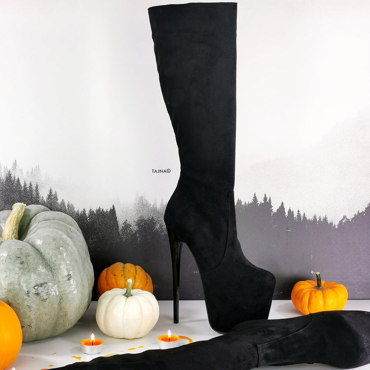 Black Suede Mid Calf High Heel Boots - Tajna Club