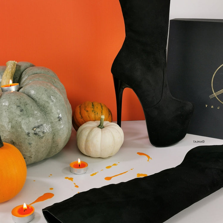 Black Suede Mid Calf High Heel Boots - Tajna Club
